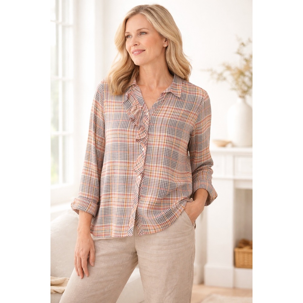 New J Jill Plaid Button-Up Blouse Top Women's XL Petite Ruffled Glen Check NWT‎
